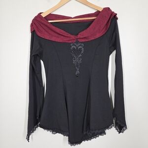 Punk Rave Black Red Off Shoulder Asymmetrical Hem Bell Sleeve Top Goth Vamp Med